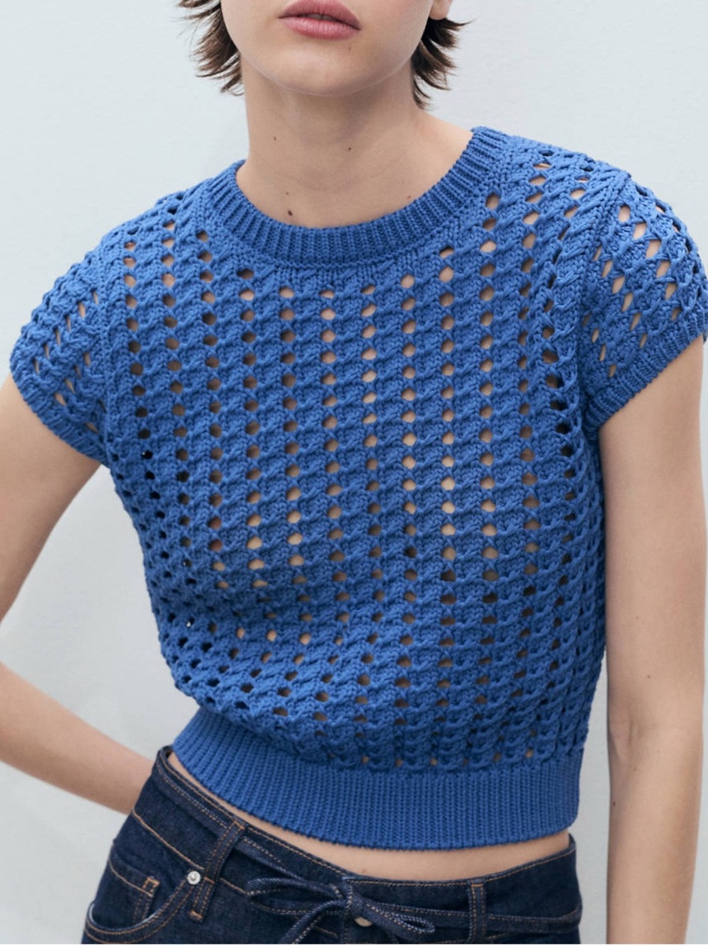 Mango Open Knit Crochet Sweater Vest Top Blue XS Coastal Boho Summer Cotton NWT